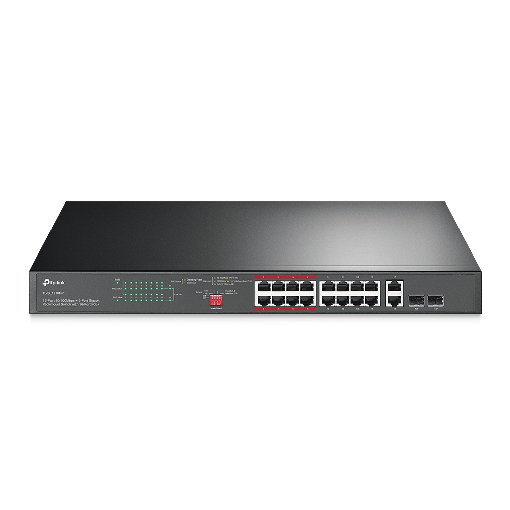 TpP-Link Unmanaged switch with 16 PoE+ 10/100 Mbps ports and 2 RJ45/SFP combo ports